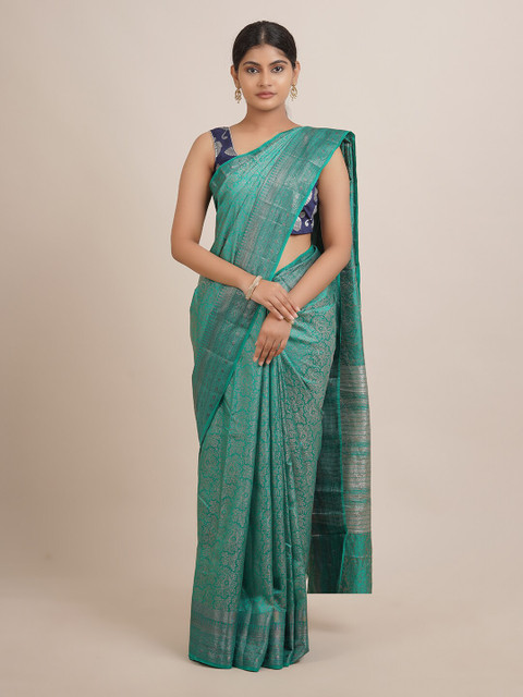 

Pothys Green & Silver-Toned Woven Design Zari Jute Silk Saree