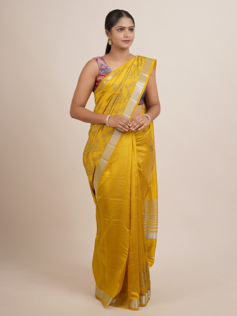

Pothys Mustard Yellow & Golden Ethnic Motifs Embroidered Jute Silk Saree