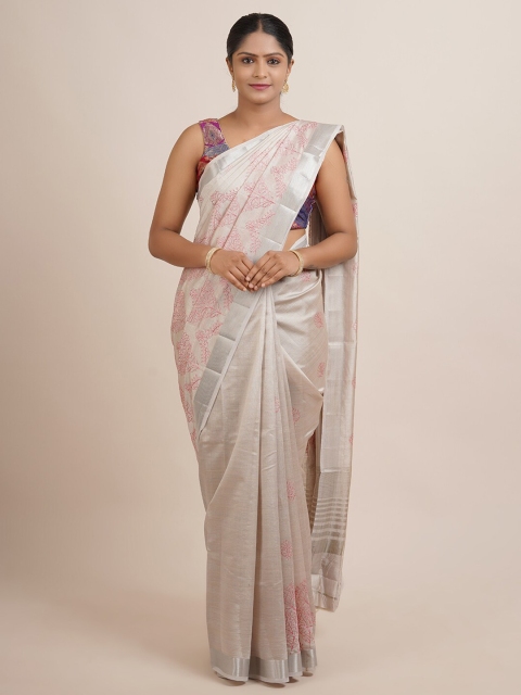 

Pothys Grey & Red Floral Zari Jute Silk Saree