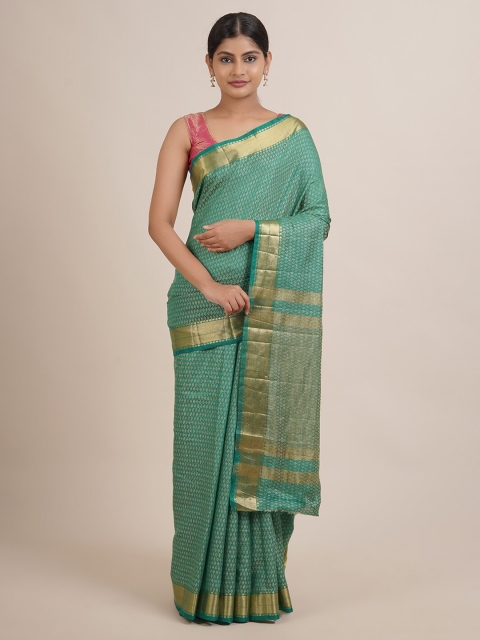 

Pothys Green & Gold-Toned Woven Design Zari Jute Silk Saree