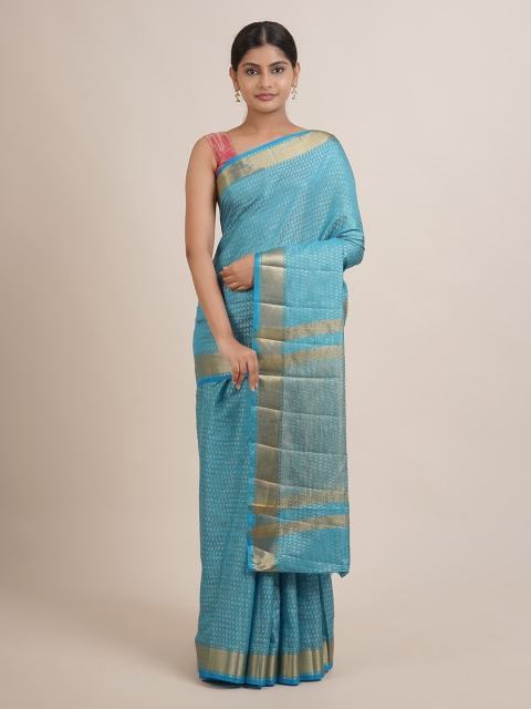 

Pothys Blue & Gold-Toned Woven Design Zari Jute Silk Saree