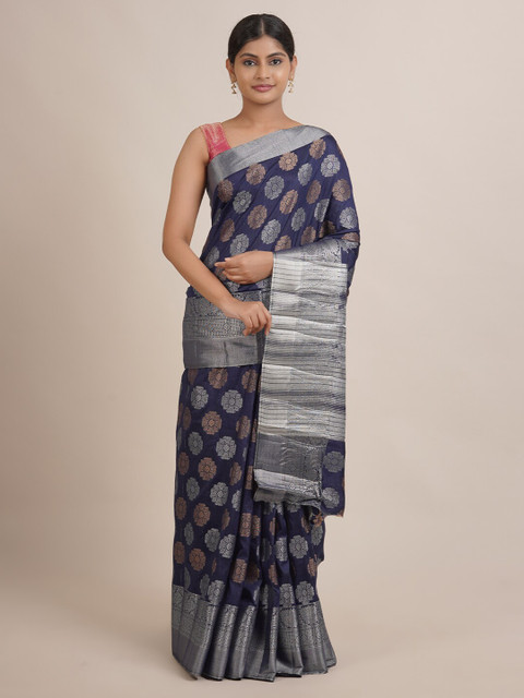 

Pothys Blue & Silver-Toned Woven Design Zari Jute Silk Saree