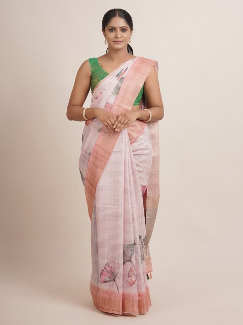 

Pothys Pink & Brown Floral Printed Zari Jute Silk Saree