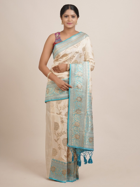 

Pothys Cream-Coloured & Blue Woven Design Zari Jute Silk Saree