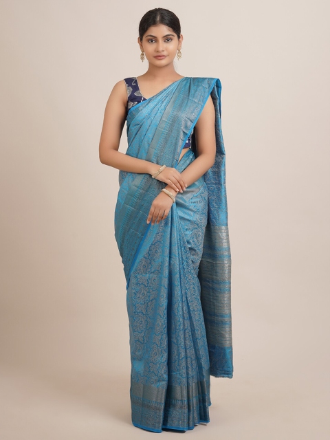 

Pothys Blue & Silver Ethnic Motifs Zari Jute Silk Saree