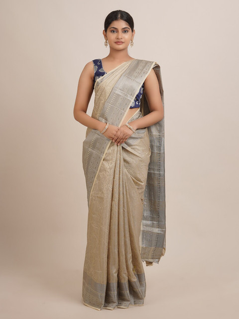 

Pothys Beige & Silver-Toned Floral Jute Silk Saree