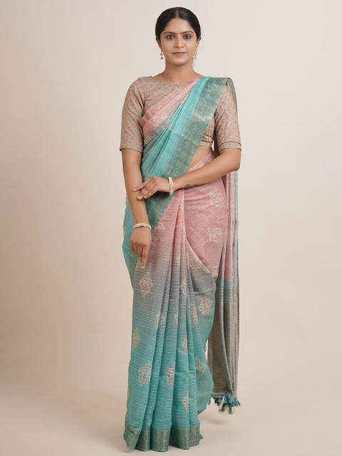 

Pothys Pink & Blue Ethnic Motifs Printed Zari Jute Silk Saree
