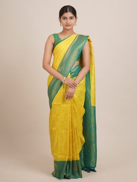 

Pothys Yellow & Green Paisley Zari Jute Silk Saree