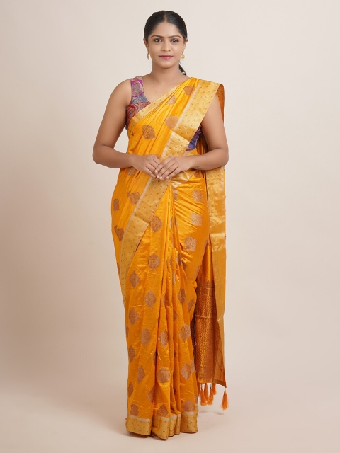 

Pothys Yellow & Golden Ethnic Motifs Beads and Stones Jute Silk Saree