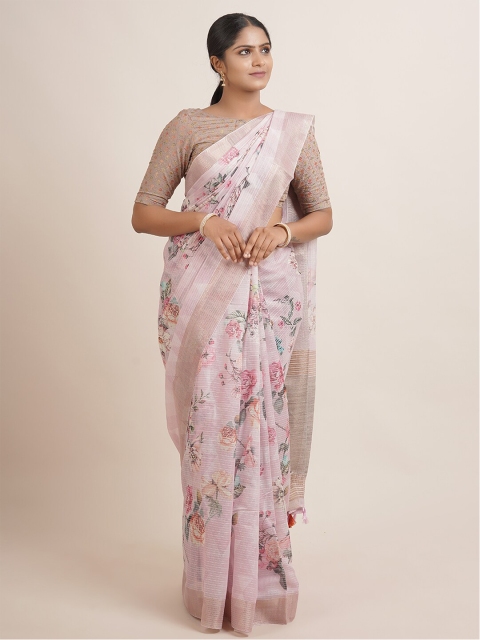 

Pothys Pink & Green Floral Zari Jute Silk Saree