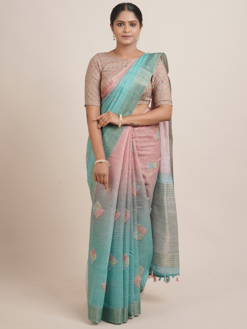 

Pothys Green & Pink Floral Jute Silk Saree