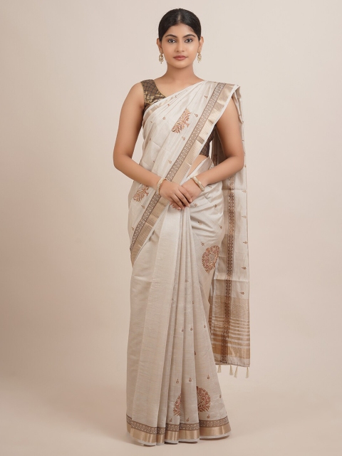 

Pothys Grey & Maroon Ethnic Motifs Jute Silk Saree