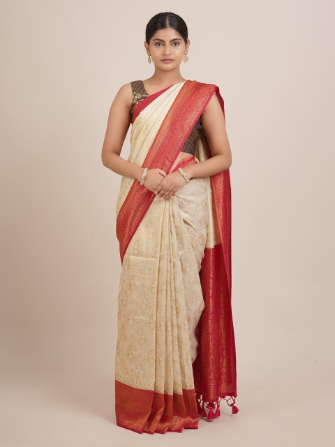 

Pothys Cream-Coloured & Pink Woven Design Zari Jute Silk Saree