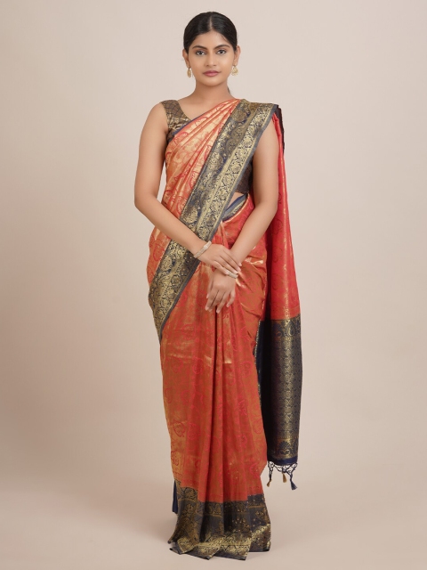 

Pothys Rust & Navy Blue Ethnic Motifs Zari Jute Silk Saree