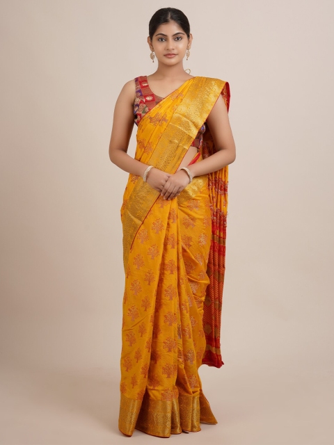 

Pothys Mustard & Red Woven Design Beads and Stones Jute Silk Saree