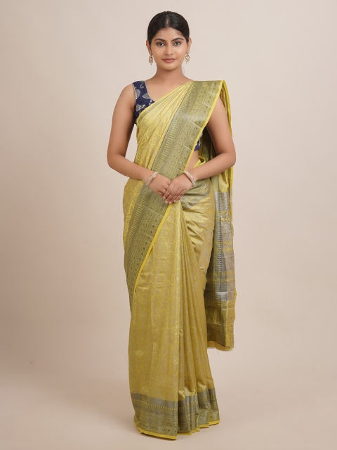 

Pothys Green & Silver-Toned Floral Zari Jute Silk Saree