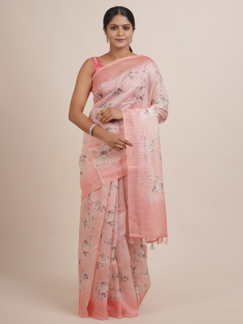 

Pothys Peach-Coloured & Grey Floral Printed Jute Silk Saree