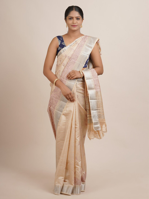 

Pothys Beige & Pink Ethnic Motifs Embroidered Jute Silk Saree
