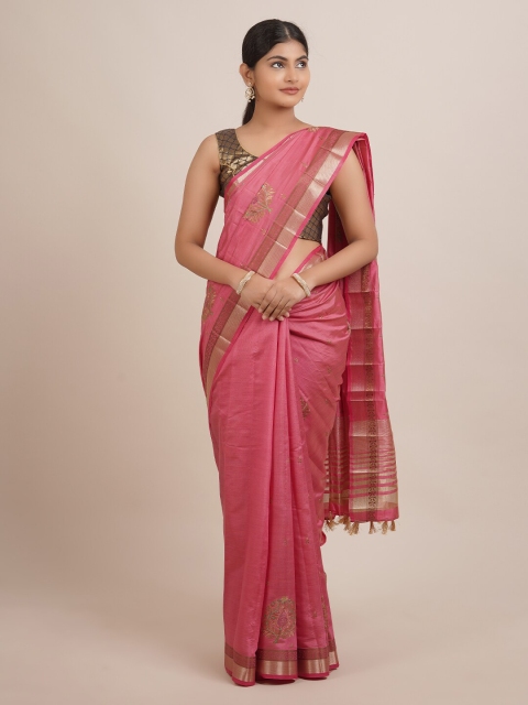 

Pothys Pink & Gold-Toned Ethnic Motifs Embroidered Jute Silk Saree