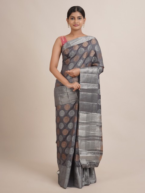 

Pothys Grey & Gold-Toned Floral Zari Jute Silk Saree