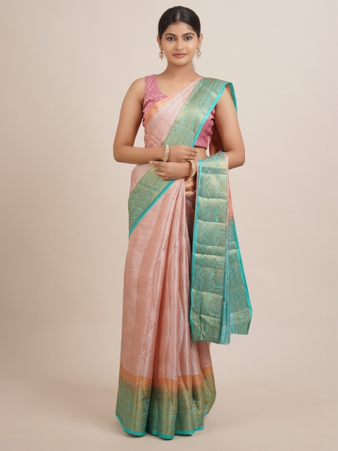 

Pothys Peach-Coloured & Turquoise Blue Woven Design Zari Jute Silk Saree