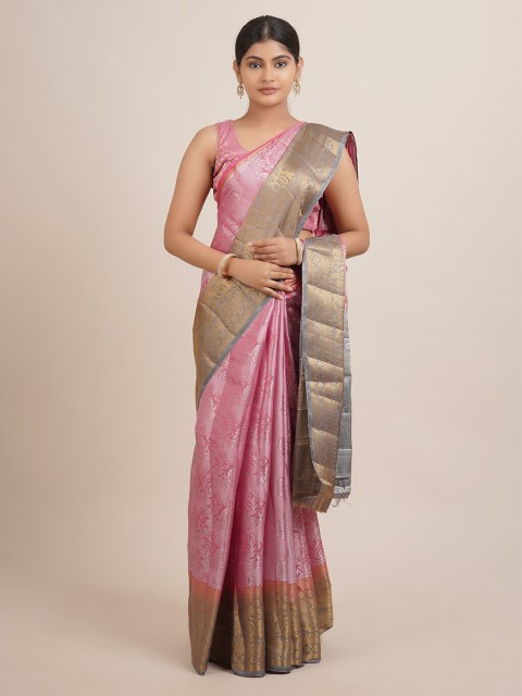 

Pothys Pink & Grey Floral Jute Silk Saree
