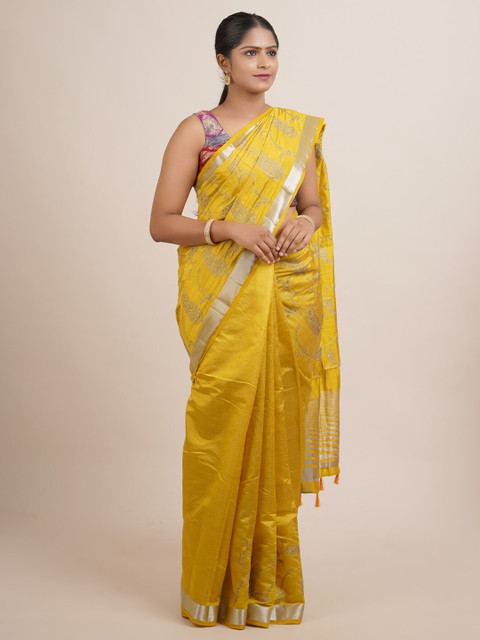 

Pothys Yellow & Silver Ethnic Motifs Embroidered Jute Silk Saree