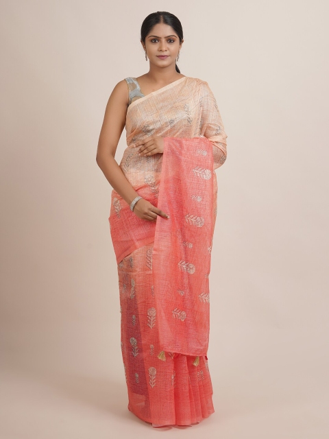 

Pothys Peach-Coloured & Beige Floral Jute Silk Saree