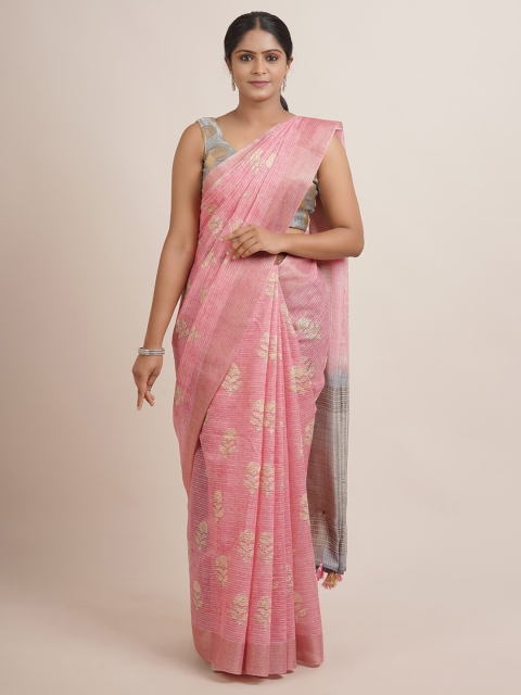

Pothys Pink & Grey Floral Embroidered Jute Silk Saree
