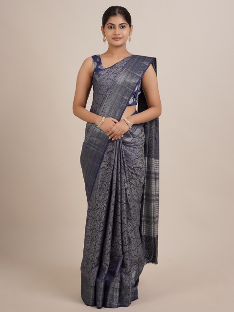 

Pothys Navy Blue & Silver-Toned Ethnic Motifs Zari Jute Silk Saree