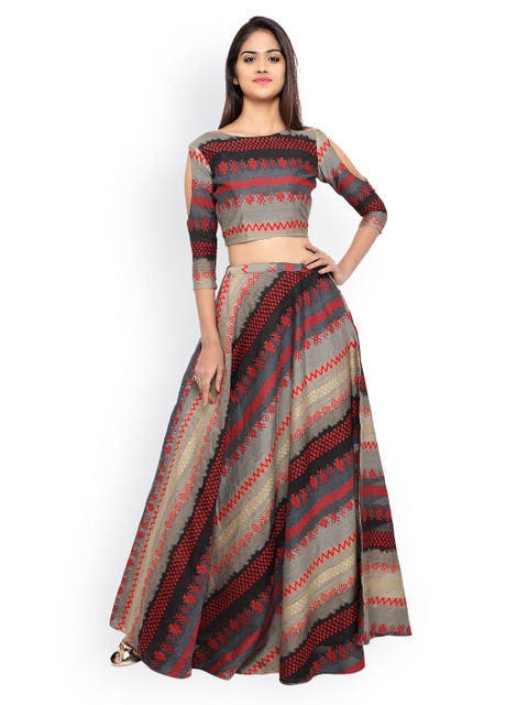 

Inddus Beige & Red Banarasi Cotton Semi-Stitched Lehenga Choli with Woven Detail