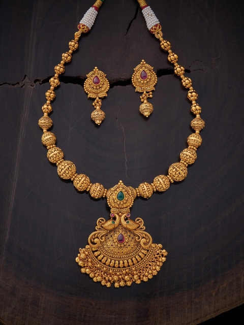 

Kushal's Fashion Jewellery Red & Green Gold-Plated Antique Necklace with Earrings