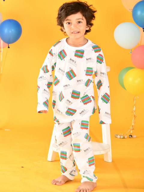

Anthrilo Boys White & Green Printed Pure Cotton Night suit