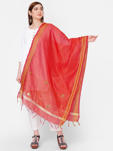 

Get Wrapped Red Embroidered Dupatta with Thread Work