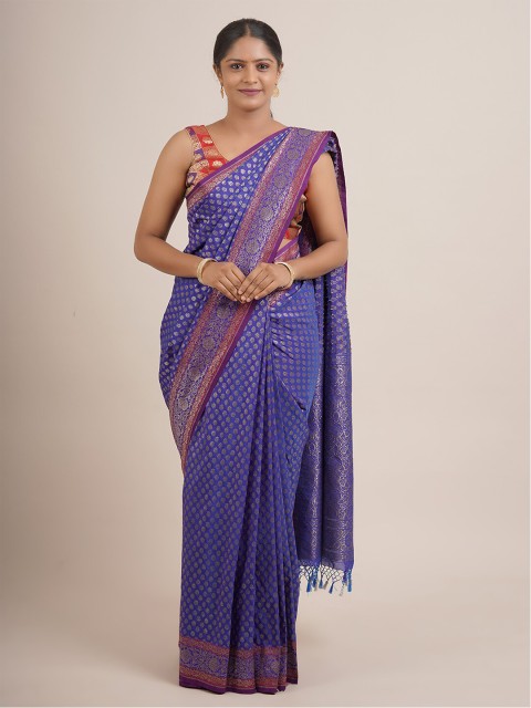 

Pothys Blue & Silver-Toned Floral Pure Silk Banarasi Saree