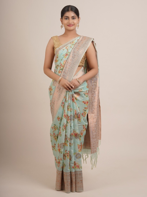 

Pothys Blue & Copper-Toned Floral Woven Design Zari Pure Silk Saree