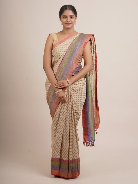 

Pothys Cream-Coloured & Purple Ethnic Motifs Zari Pure Silk Banarasi Saree