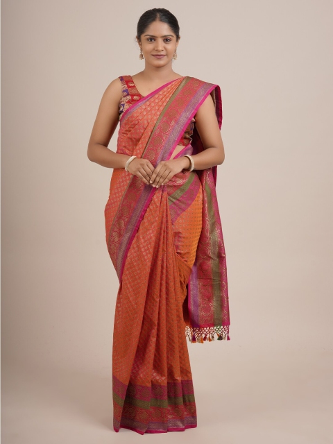 

Pothys Peach-Coloured & Green Ethnic Motifs Pure Silk Banarasi Saree