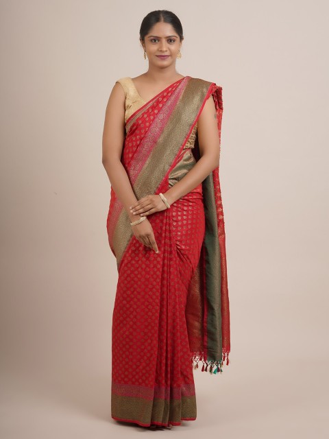 

Pothys Red & Green Floral Zari Pure Silk Saree