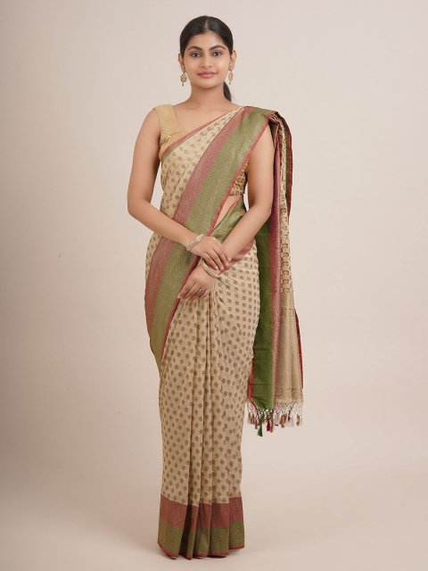 

Pothys Cream-Coloured & Gold-Toned Floral Pure Silk Banarasi Saree
