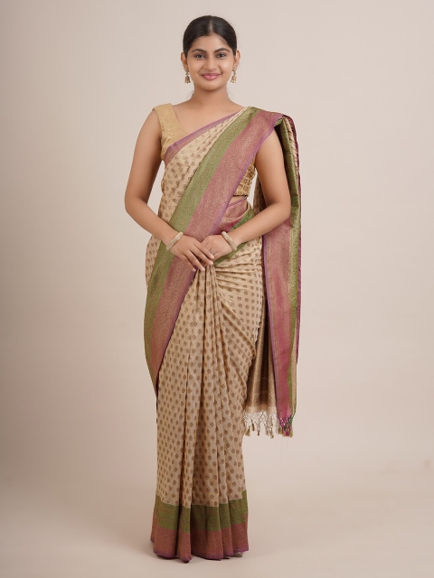

Pothys Beige & Green Floral Zari Pure Silk Saree