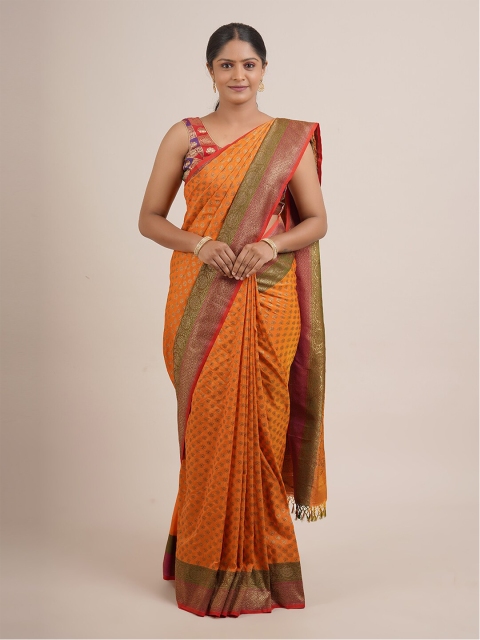 

Pothys Orange & Green Ethnic Motifs Zari Pure Silk Banarasi Saree