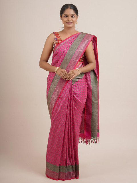 

Pothys Pink & Green Paisley Zari Pure Silk Saree