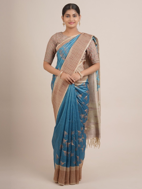 

Pothys Blue & Beige Floral Embroidered Pure Silk Saree