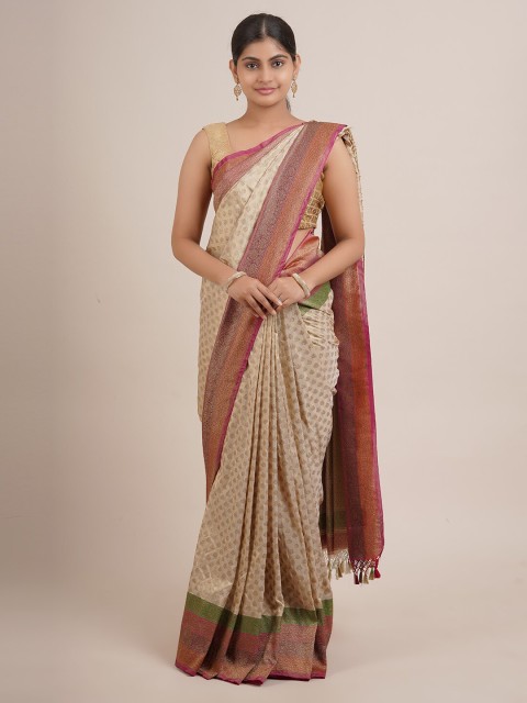 

Pothys Beige & Green Woven Design Zari Pure Silk Saree