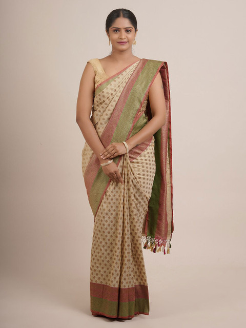 

Pothys Cream-Coloured & Pink Floral Zari Pure Silk Saree