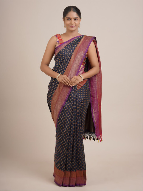 

Pothys Navy Blue & Pink Ethnic Motifs Zari Pure Silk Saree
