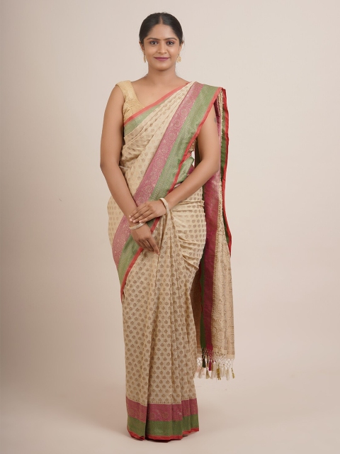 

Pothys Cream-Coloured & Green Woven Design Zari Pure Silk Saree