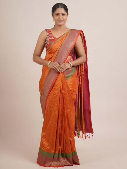 

Pothys Orange & Green Floral Zari Pure Silk Saree
