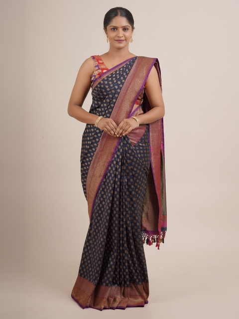 

Pothys Navy Blue & Gold-Toned Floral Zari Pure Silk Saree